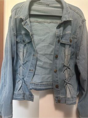 Light Wash Denim Jacket with Side Lace-Up